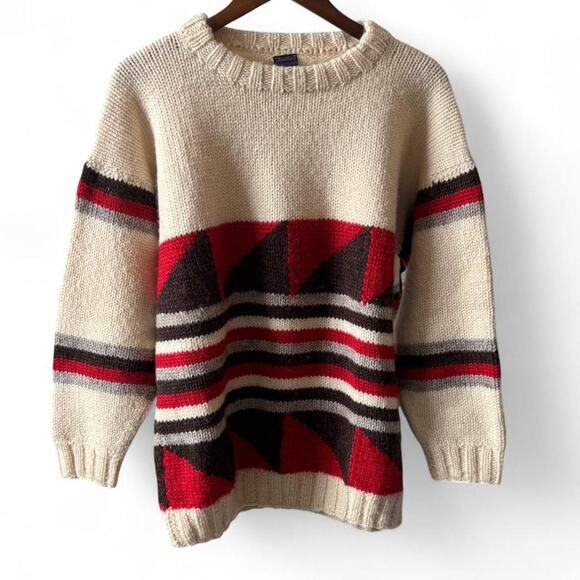 Southern Garments vintage handmade knit sweater geometric cream red brown - Picture 6 of 7